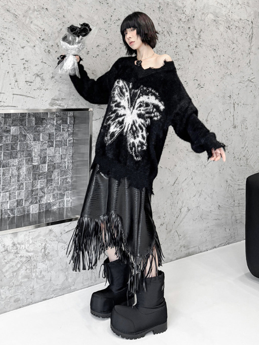 バタフライフェザーニットトップス