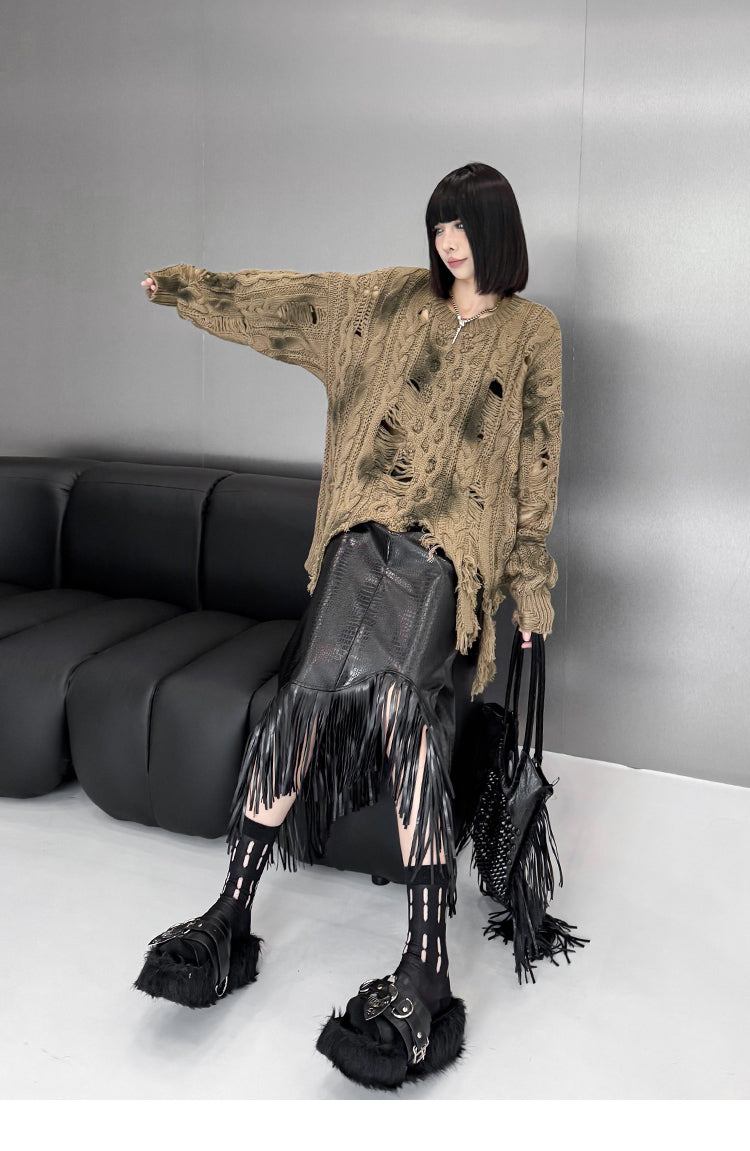 ディストレストケーブルニットトップ