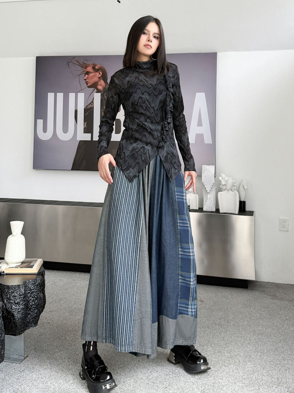 Scarf tie blouse and denim pants series 