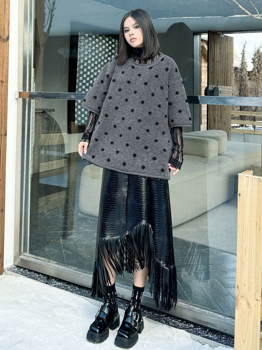 ドットフロッキーニットトップス