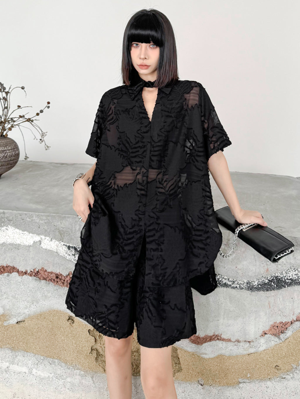 Sheer jacquard shirt and shorts 