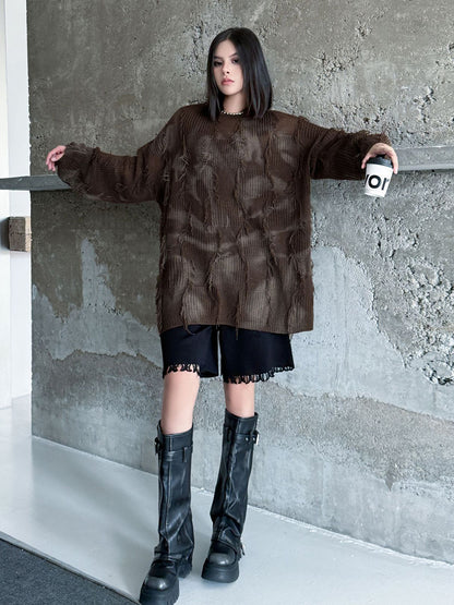 ディストレストチェックニットトップス