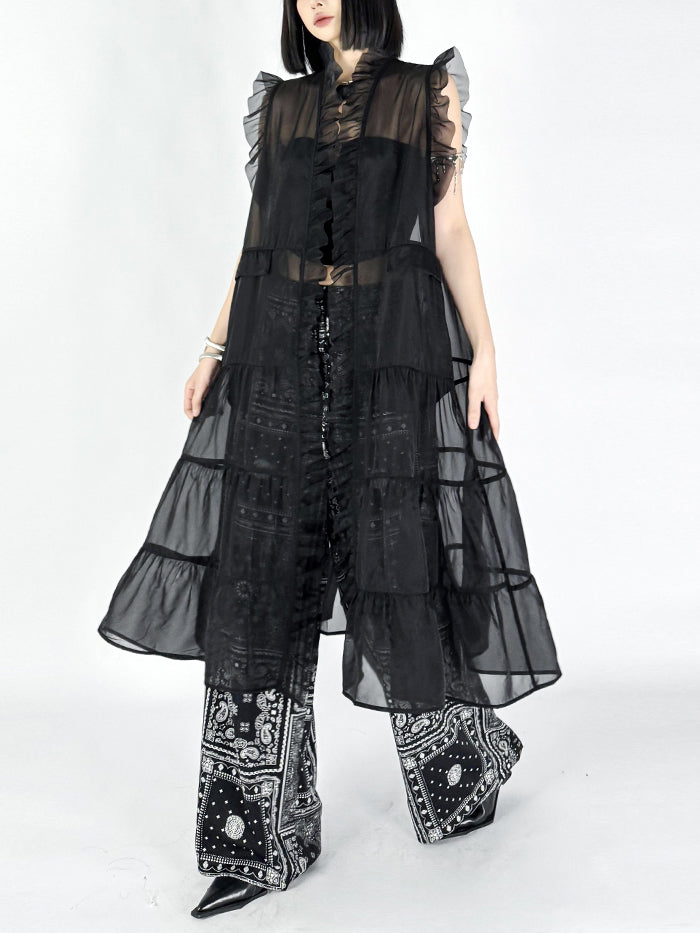 Frill sheer tiered long dress 