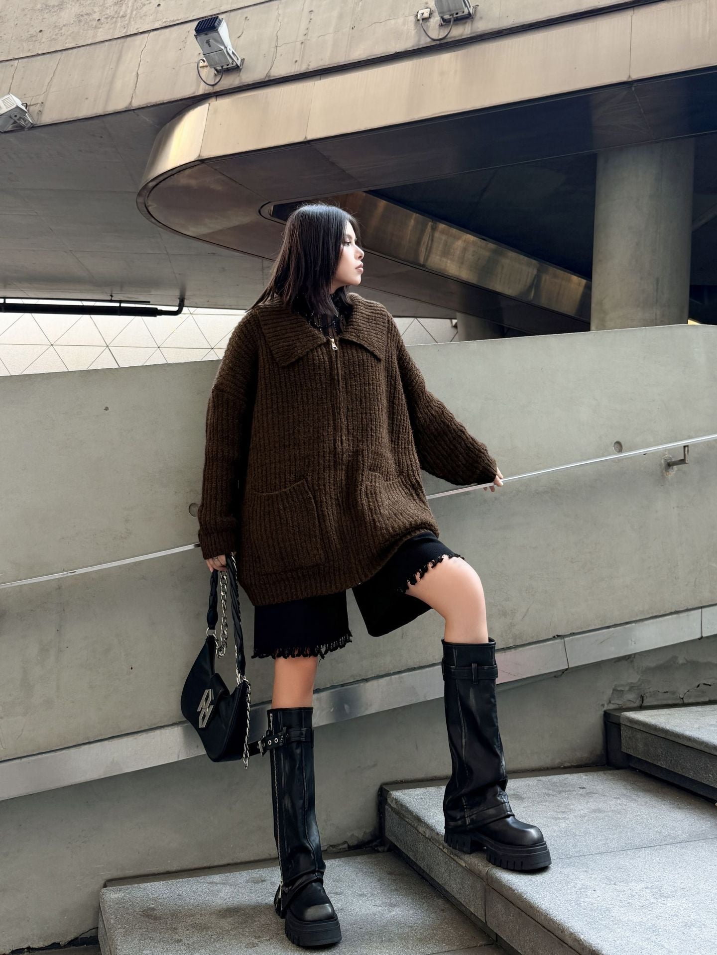 ジップアップリブカラーカーディガン