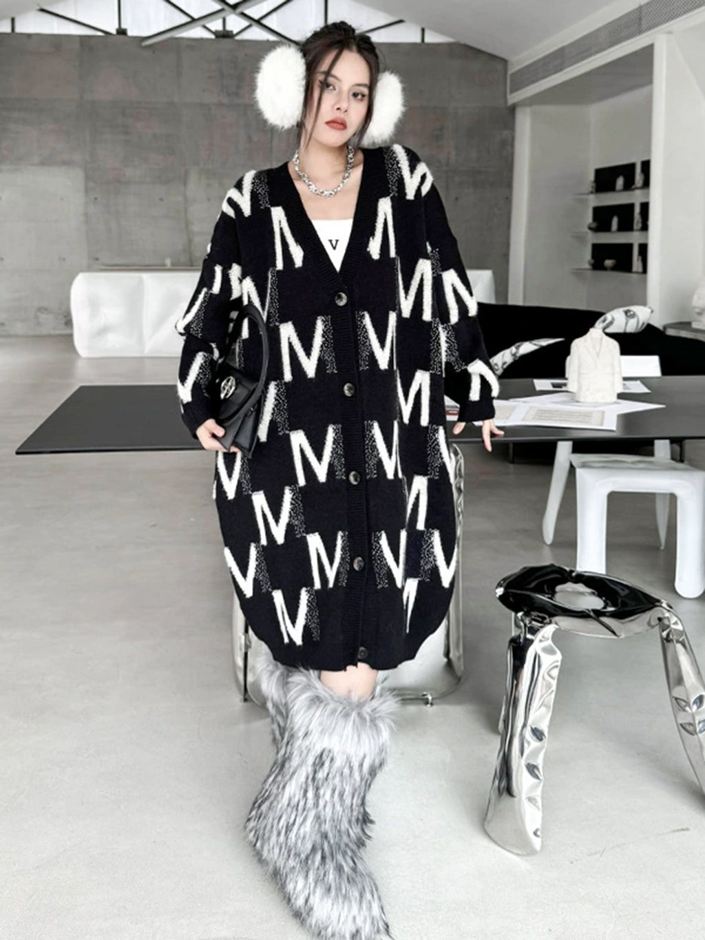 エムパターンロングニットドレス