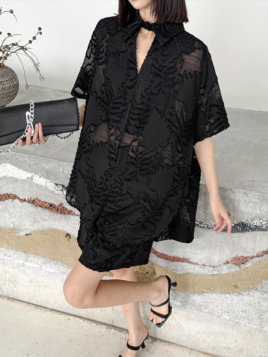 Sheer jacquard shirt and shorts 