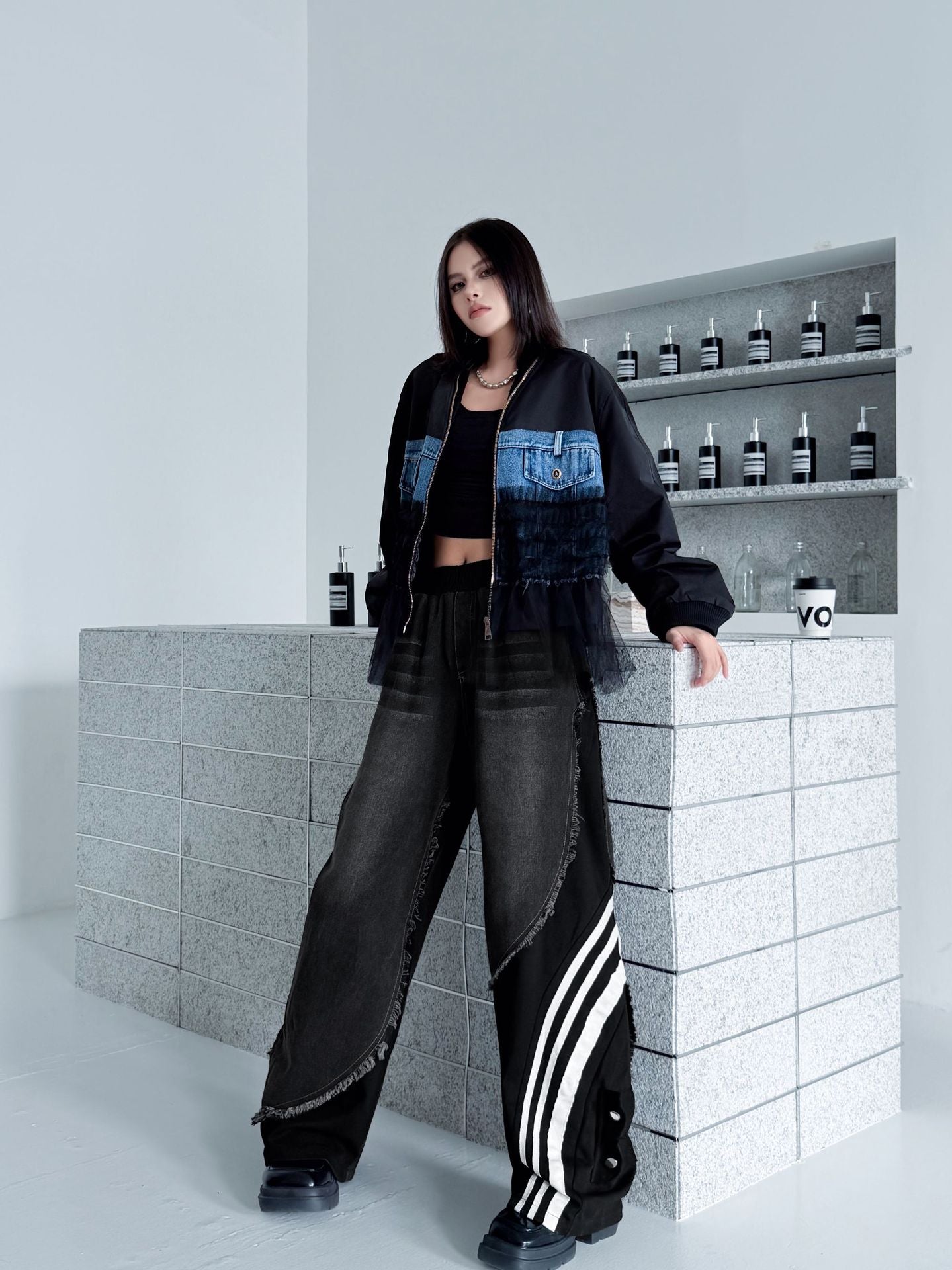 レイヤードデニムワイドパンツ