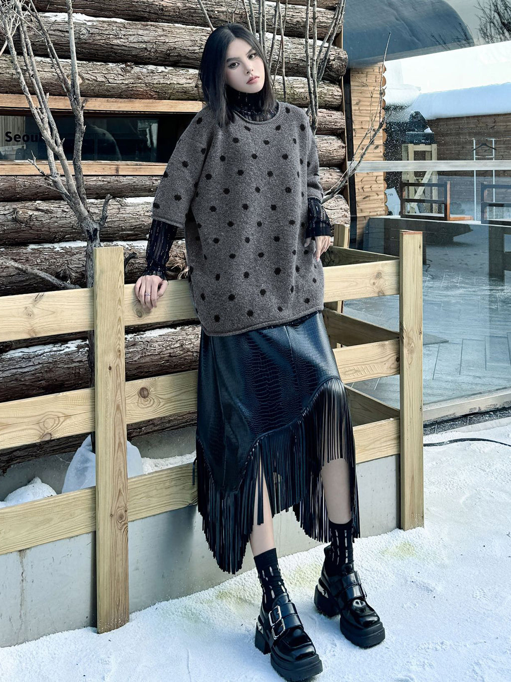 ドットフロッキーニットトップス