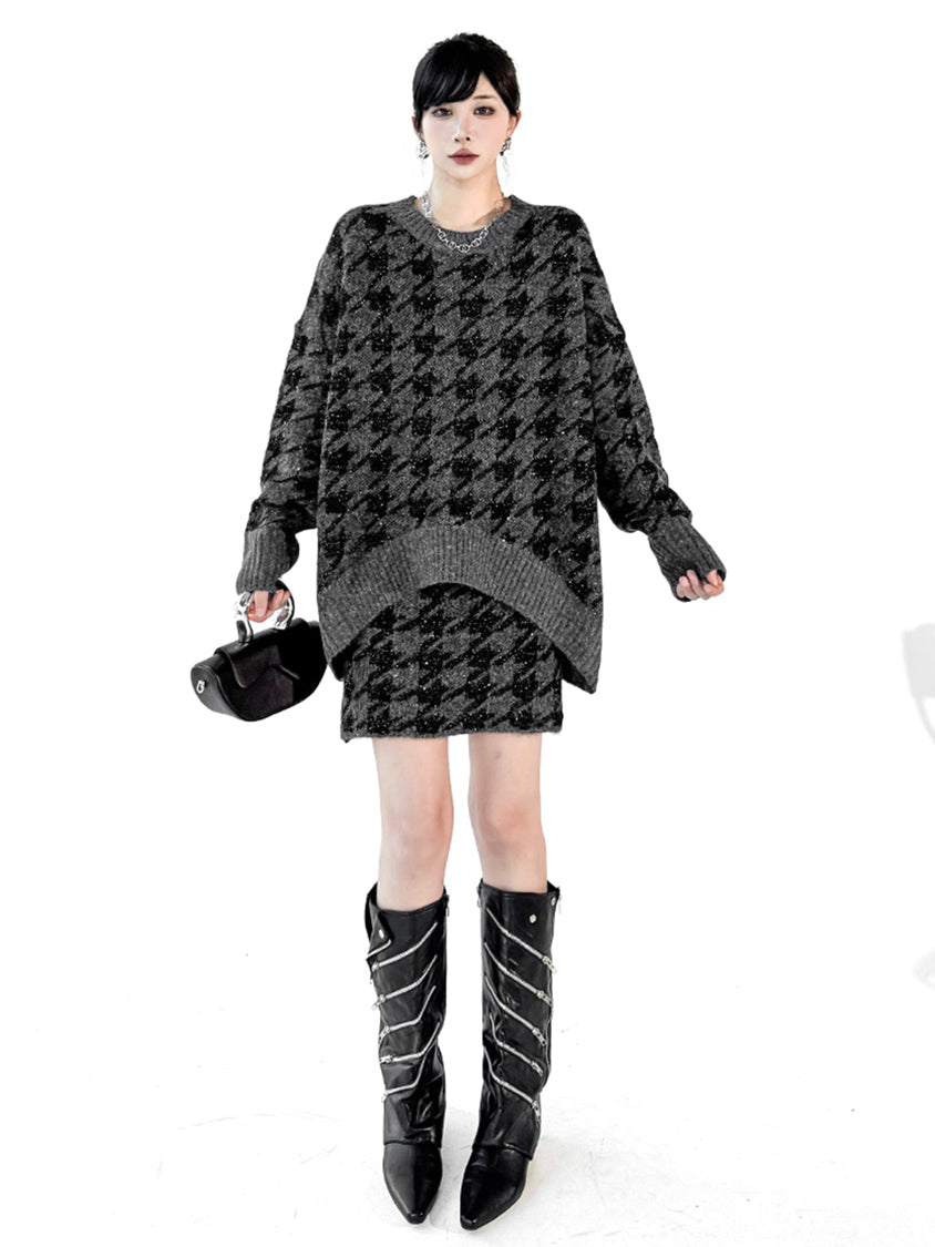 ハウンドトゥースニットトップス＆スカート