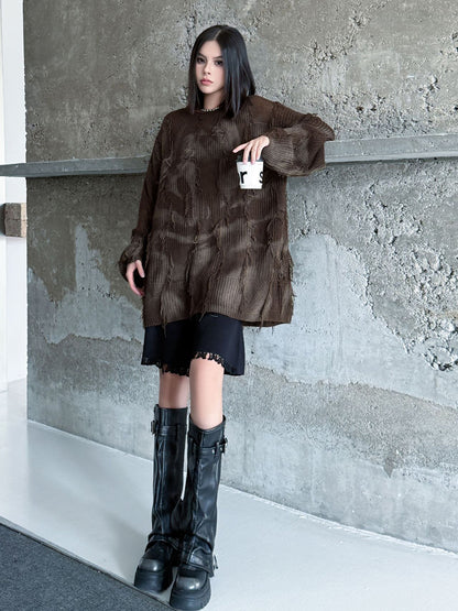 ディストレストチェックニットトップス