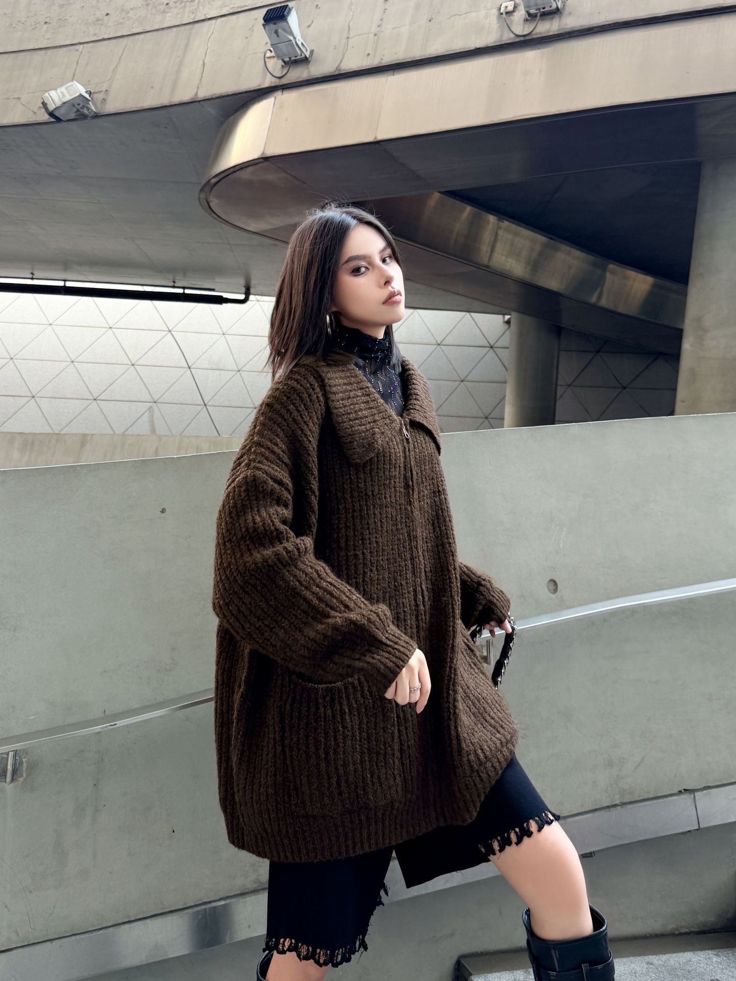 ジップアップリブカラーカーディガン