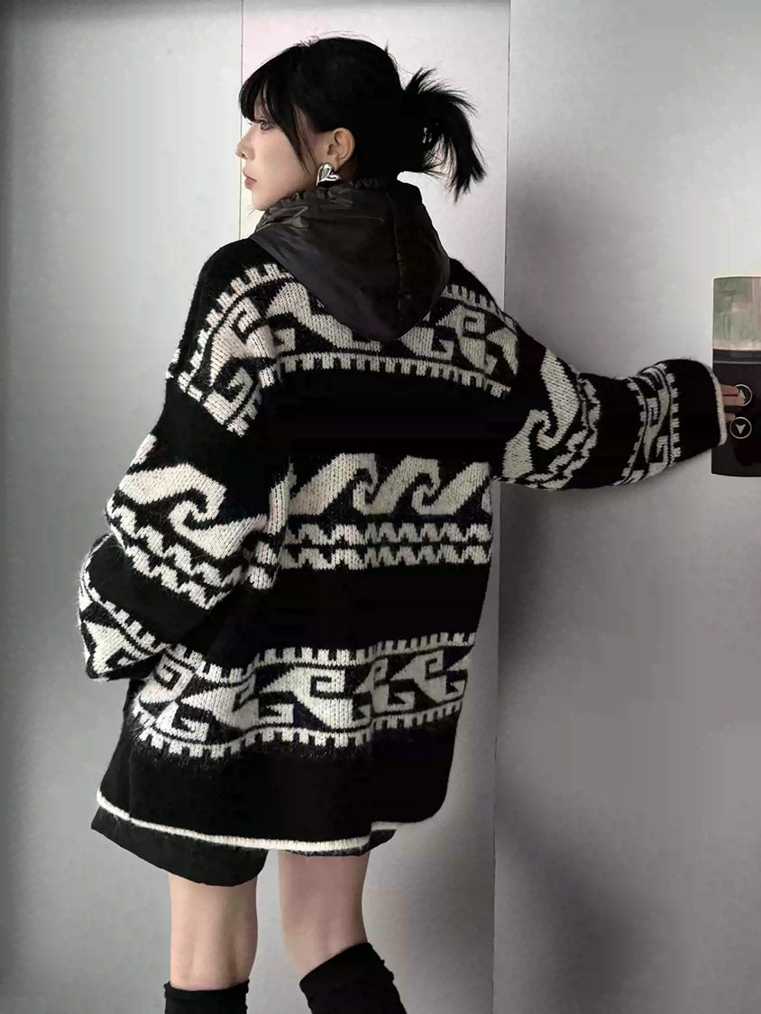 ジオパターンニットフードカーディガン