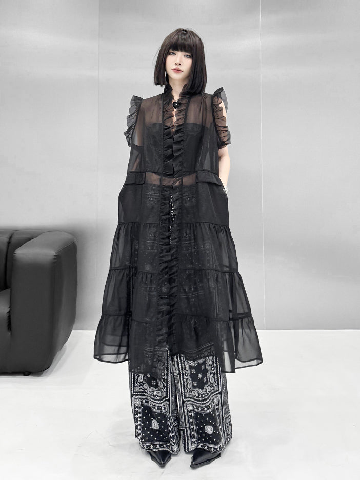 Frill sheer tiered long dress 