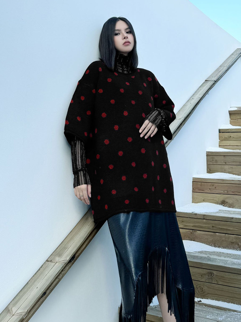 ドットフロッキーニットトップス