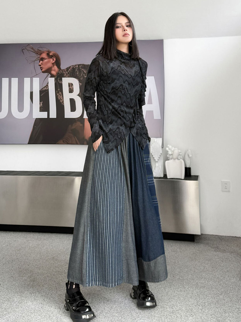 Scarf tie blouse and denim pants series 