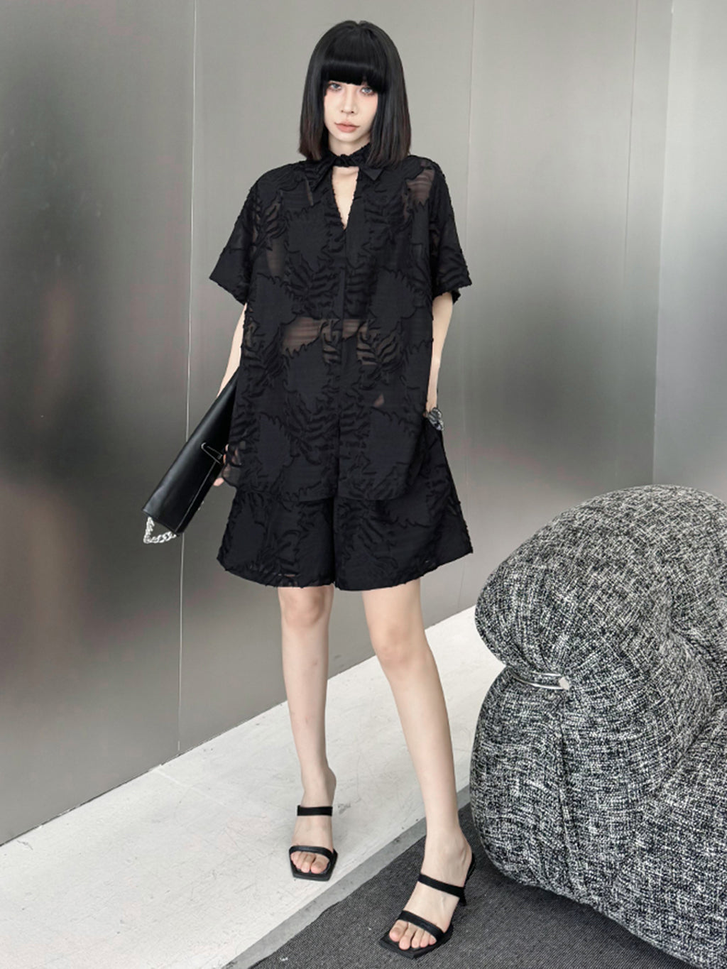 Sheer jacquard shirt and shorts 