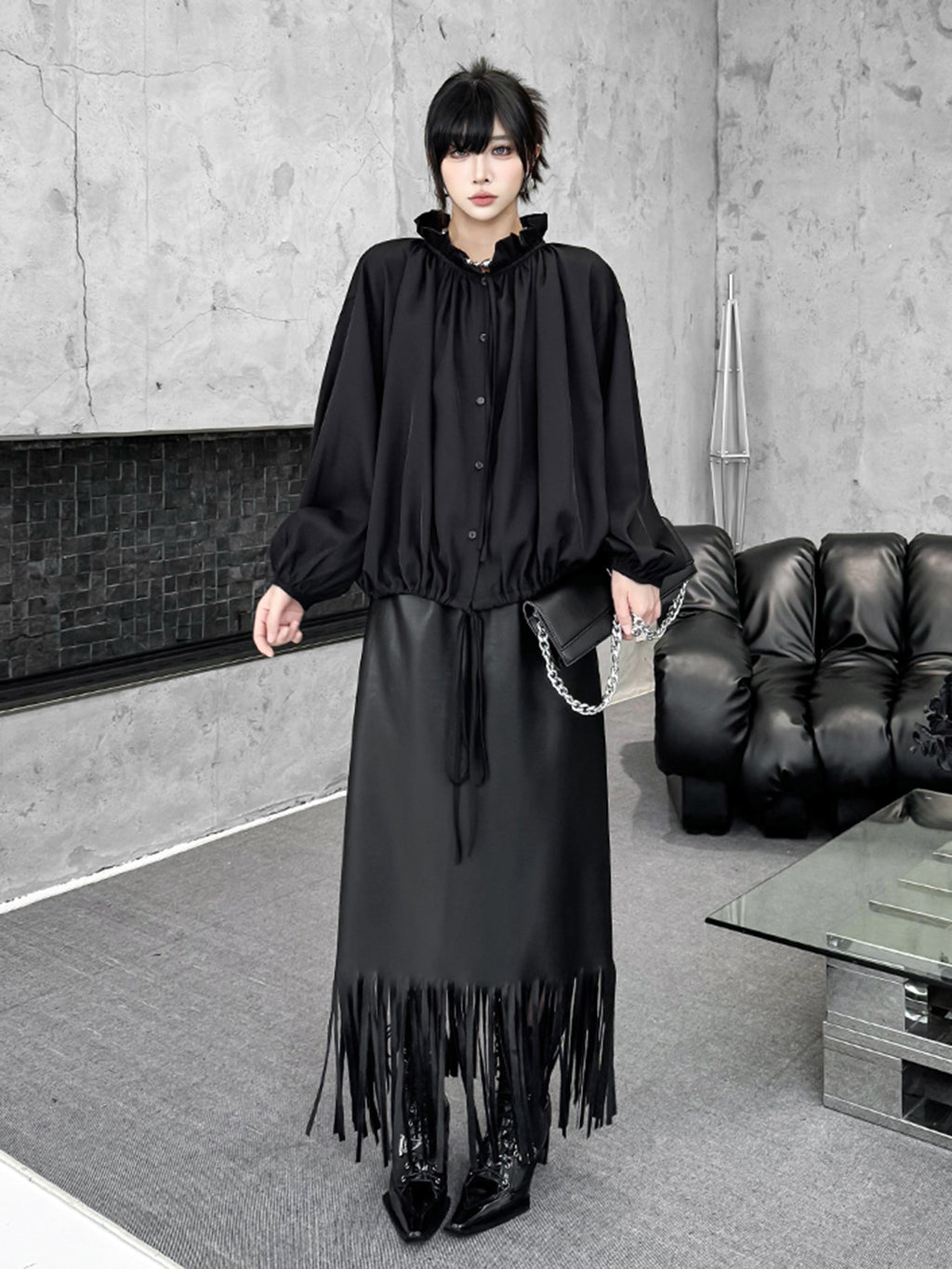 Scarf tie blouse and denim pants series 