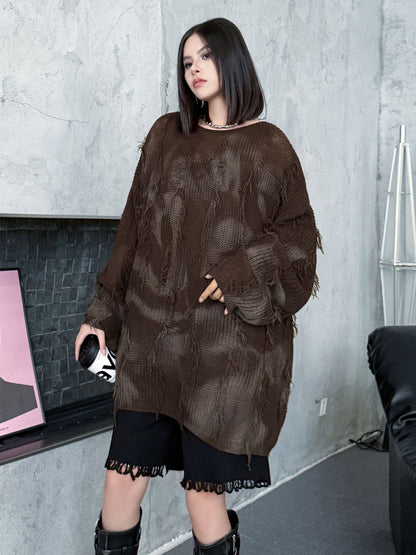 ディストレストチェックニットトップス