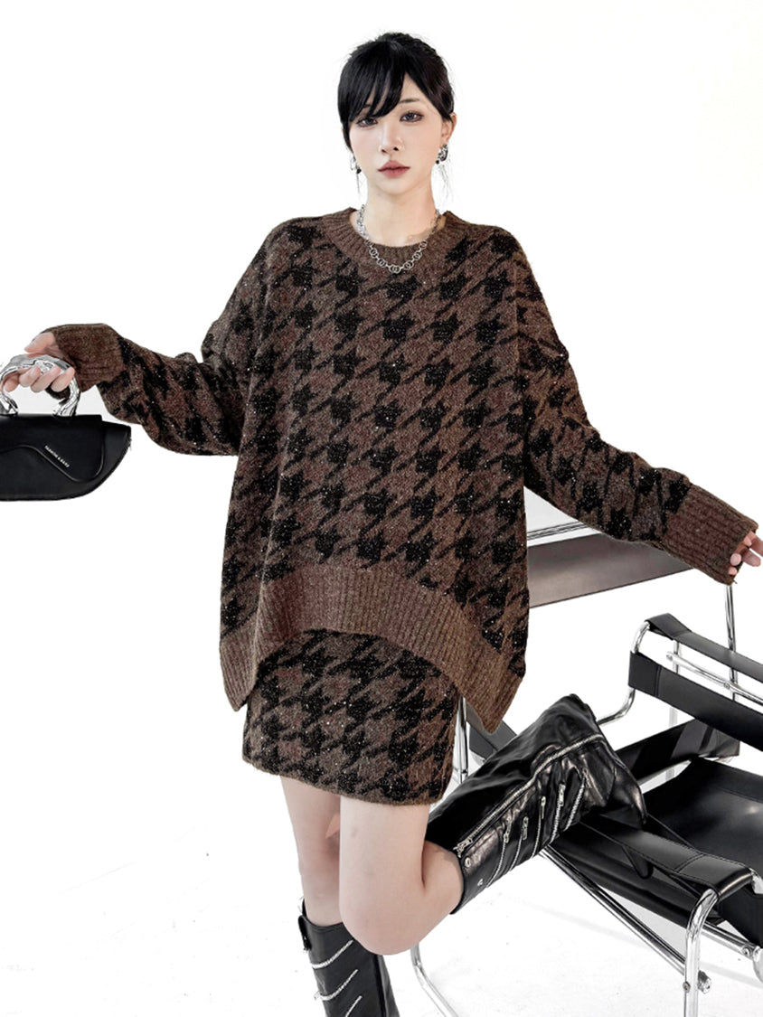 ハウンドトゥースニットトップス＆スカート