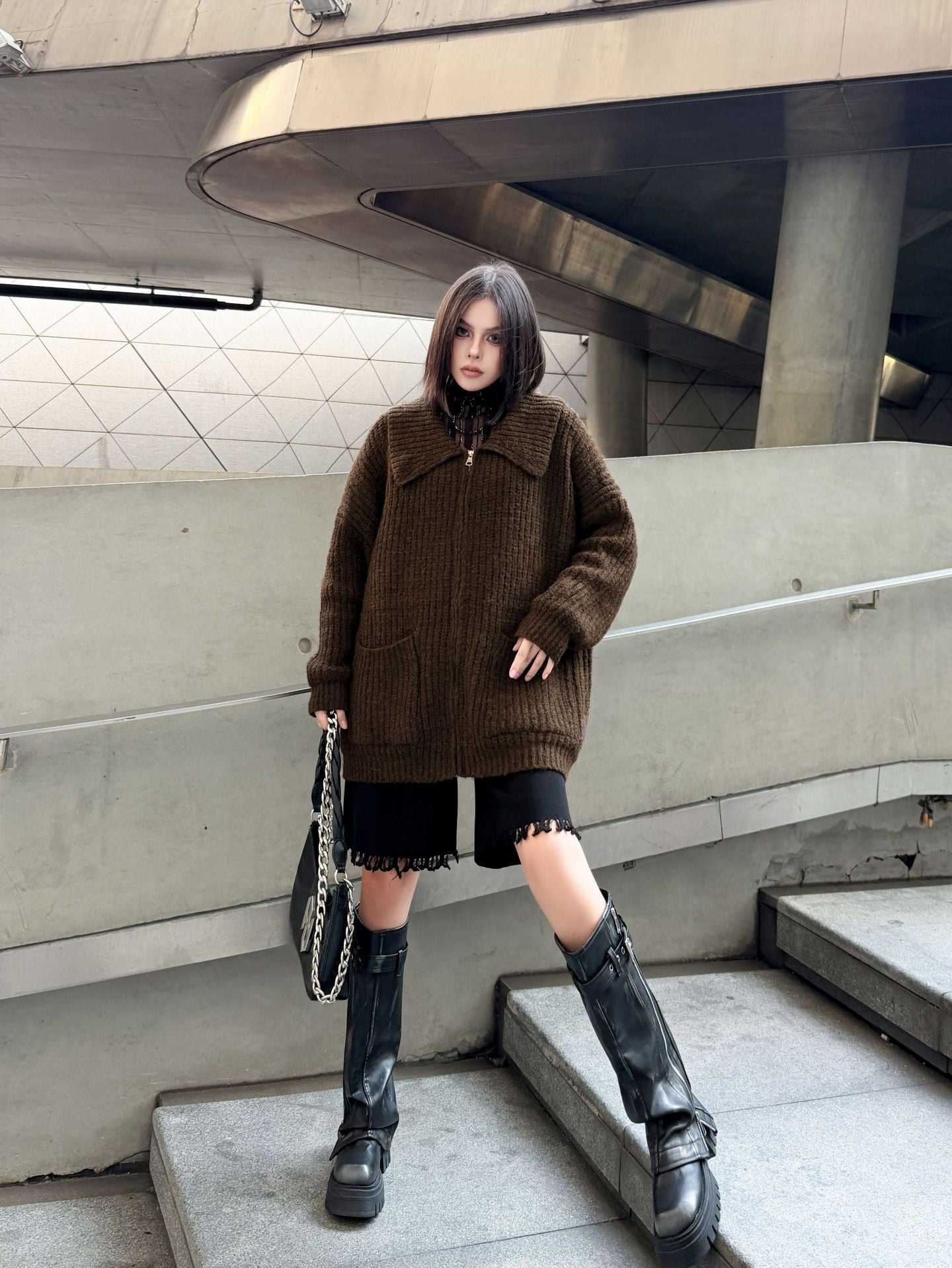 ジップアップリブカラーカーディガン