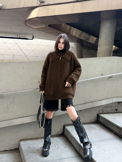 ジップアップリブカラーカーディガン