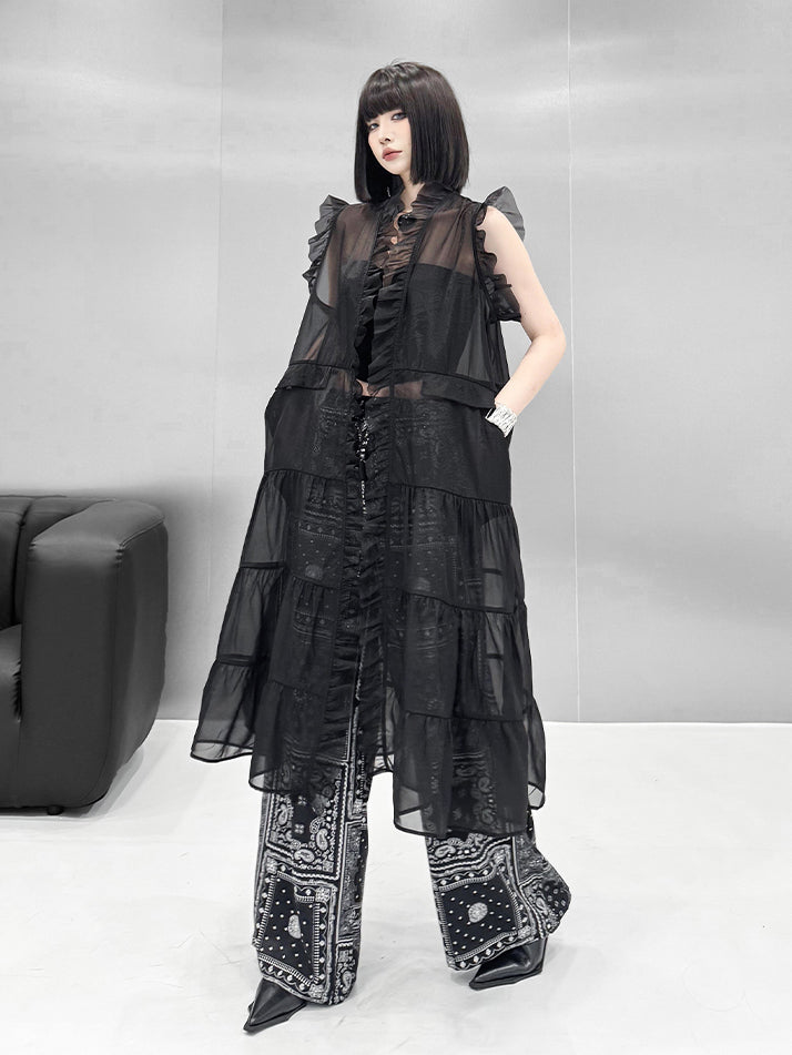 Frill sheer tiered long dress 