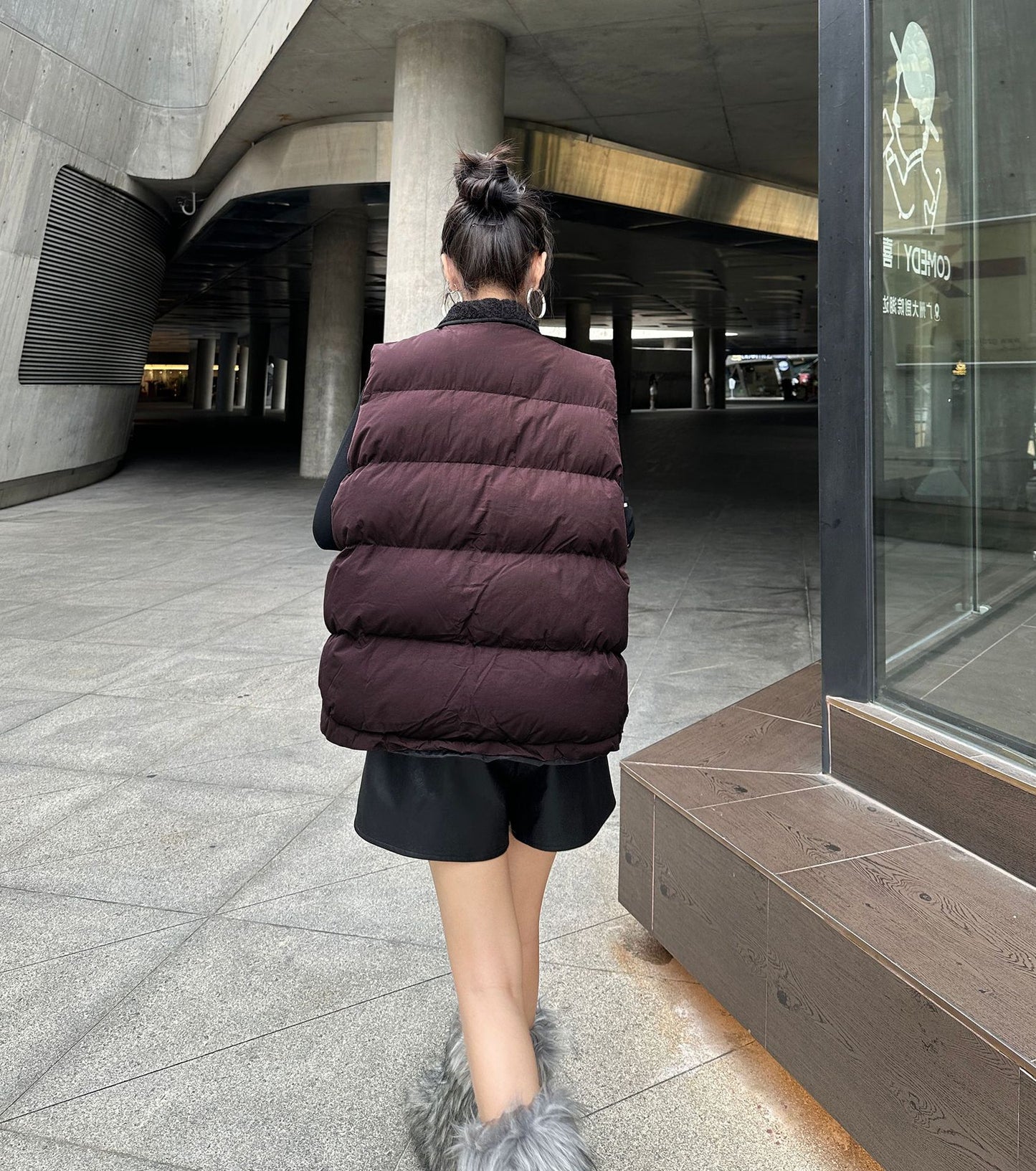 シープカラーブロックダウンベスト