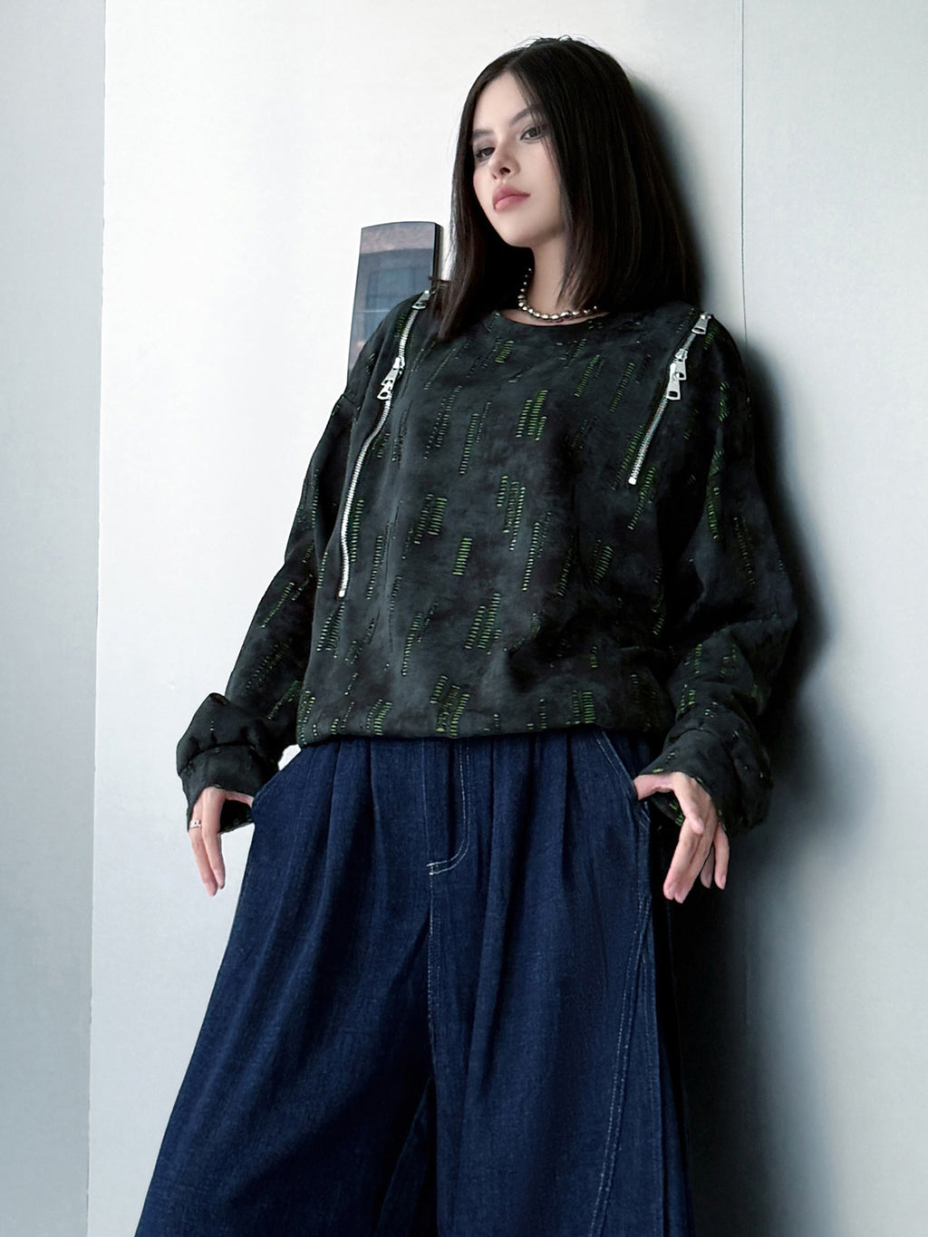 ジップショルダープリントトップス