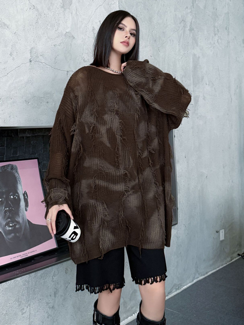 ディストレストチェックニットトップス