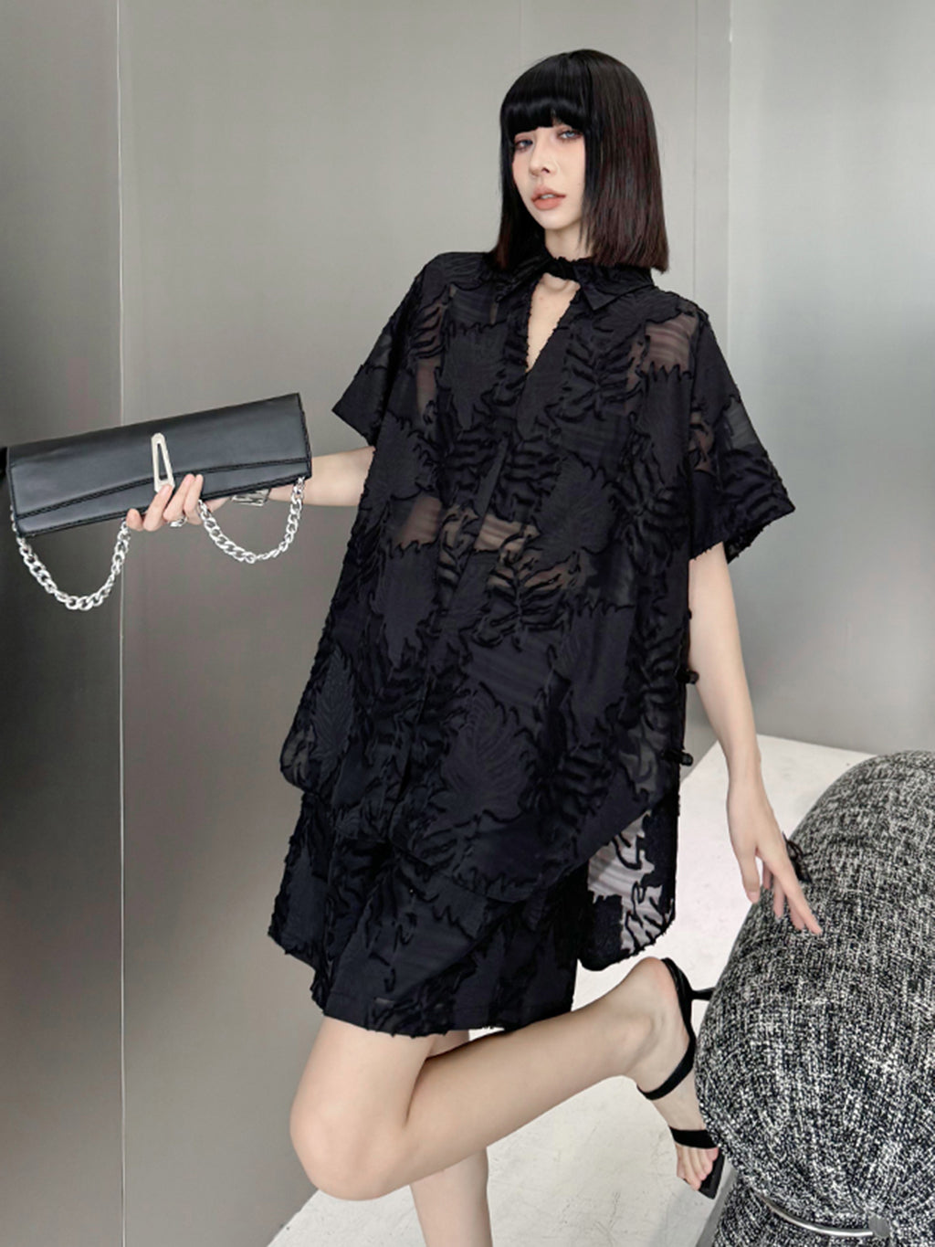 Sheer jacquard shirt and shorts 