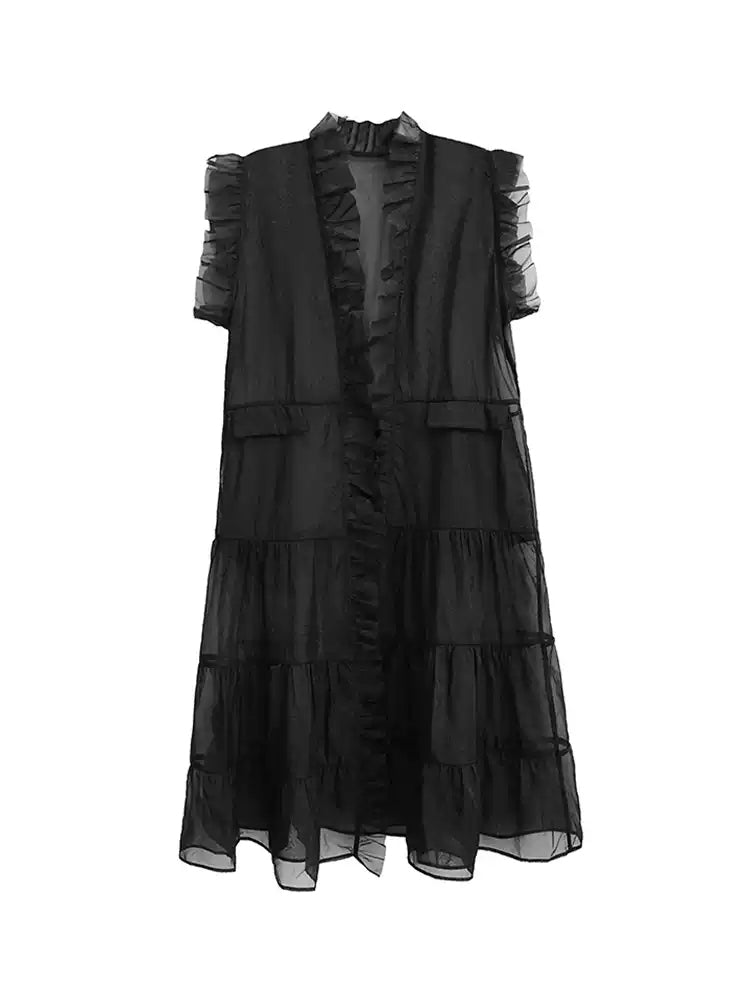 Frill sheer tiered long dress 