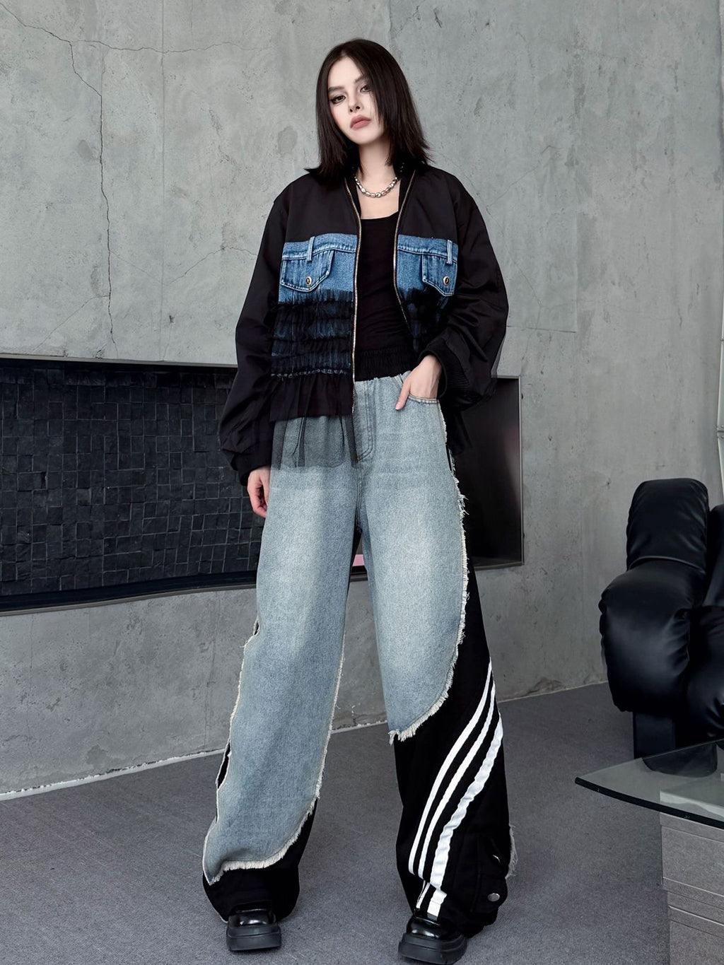 レイヤードデニムワイドパンツ