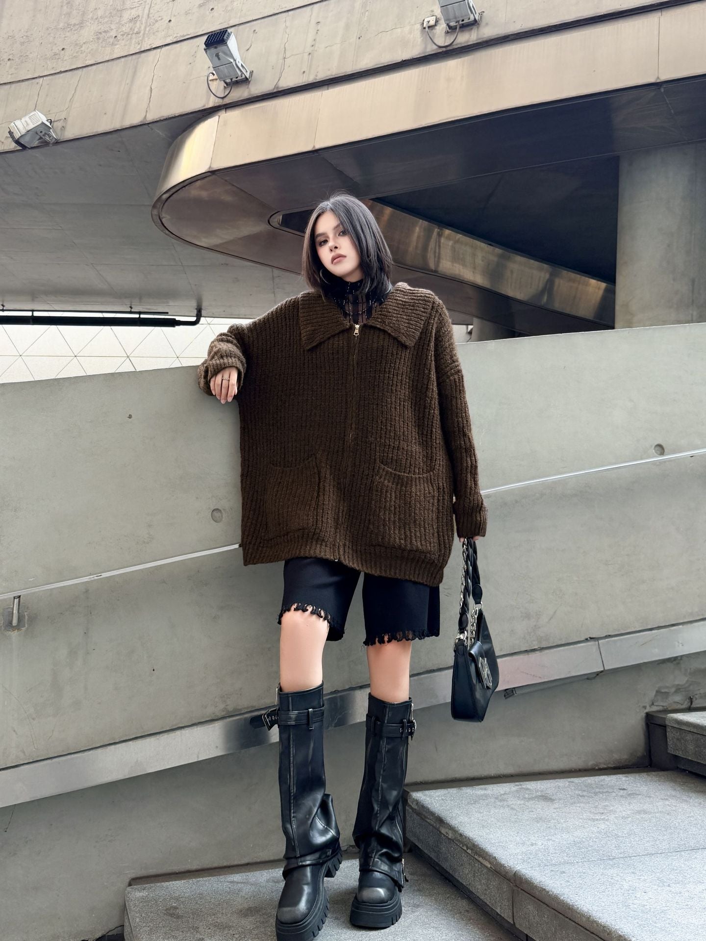 ジップアップリブカラーカーディガン