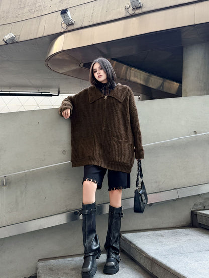 ジップアップリブカラーカーディガン