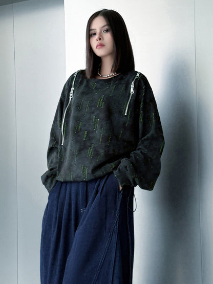 ジップショルダープリントトップス