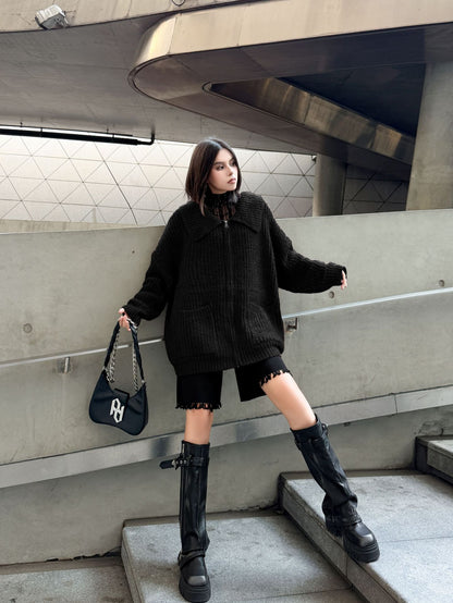 ジップアップリブカラーカーディガン