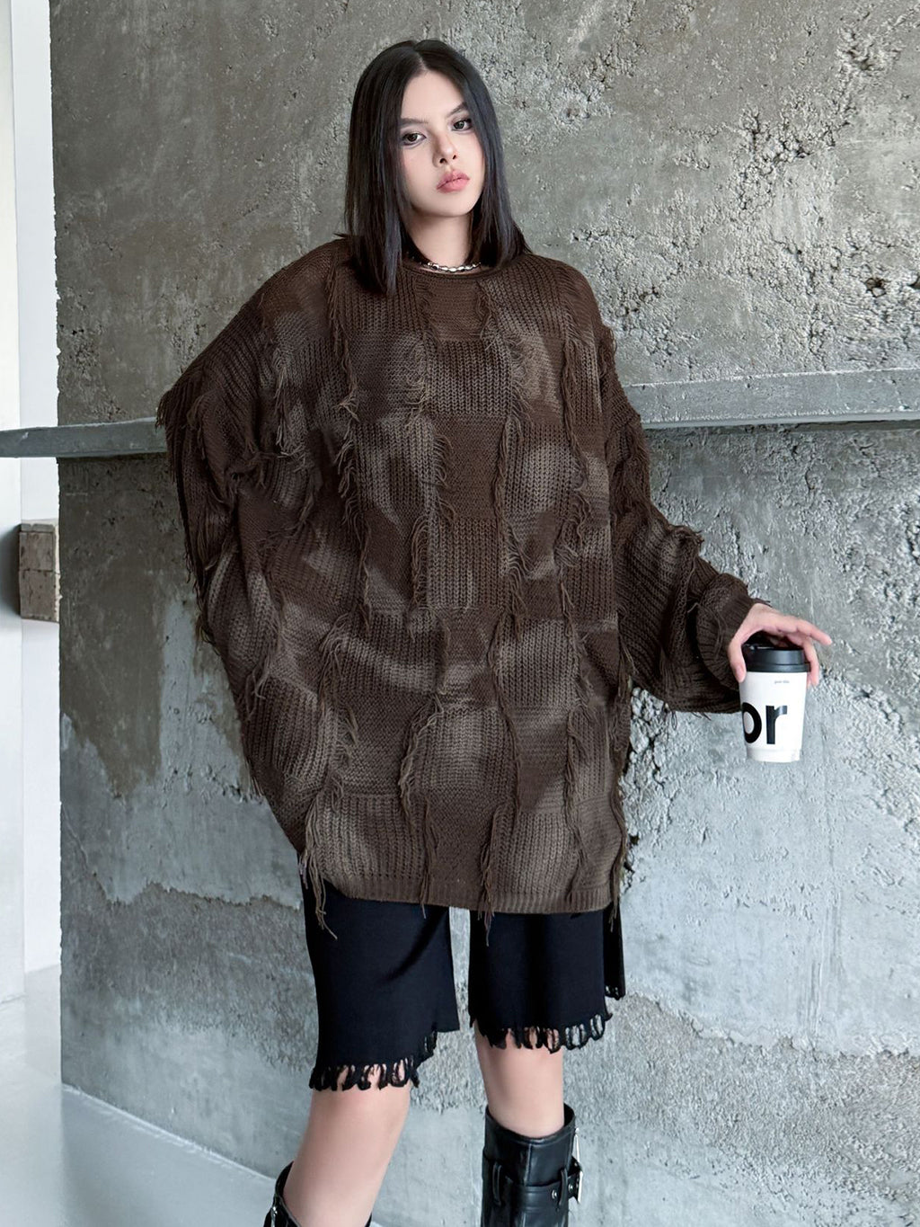 ディストレストチェックニットトップス