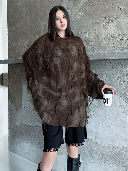 ディストレストチェックニットトップス