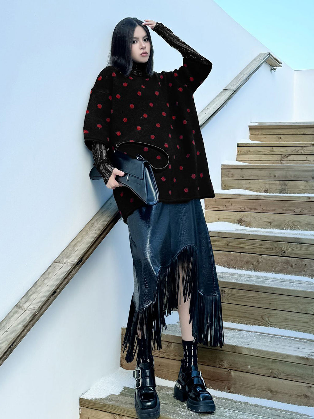 ドットフロッキーニットトップス