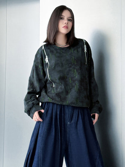 ジップショルダープリントトップス