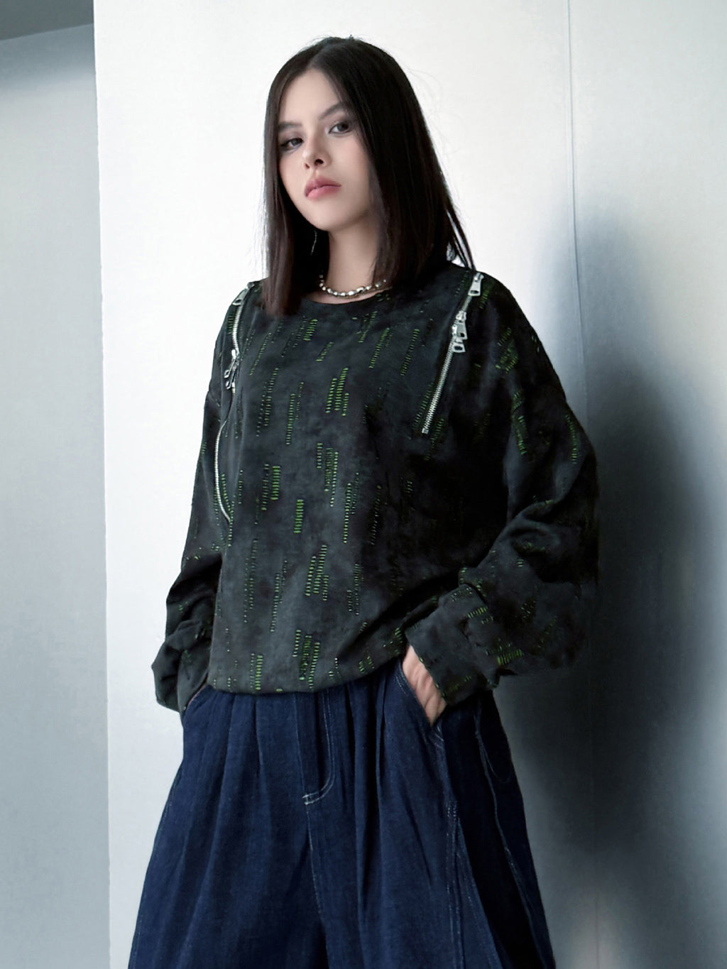 ジップショルダープリントトップス