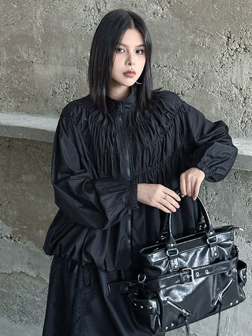 シャーリングスタンドカラーブラウス