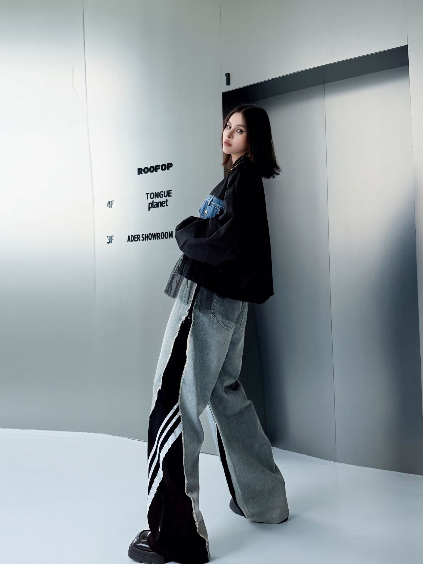 レイヤードデニムワイドパンツ