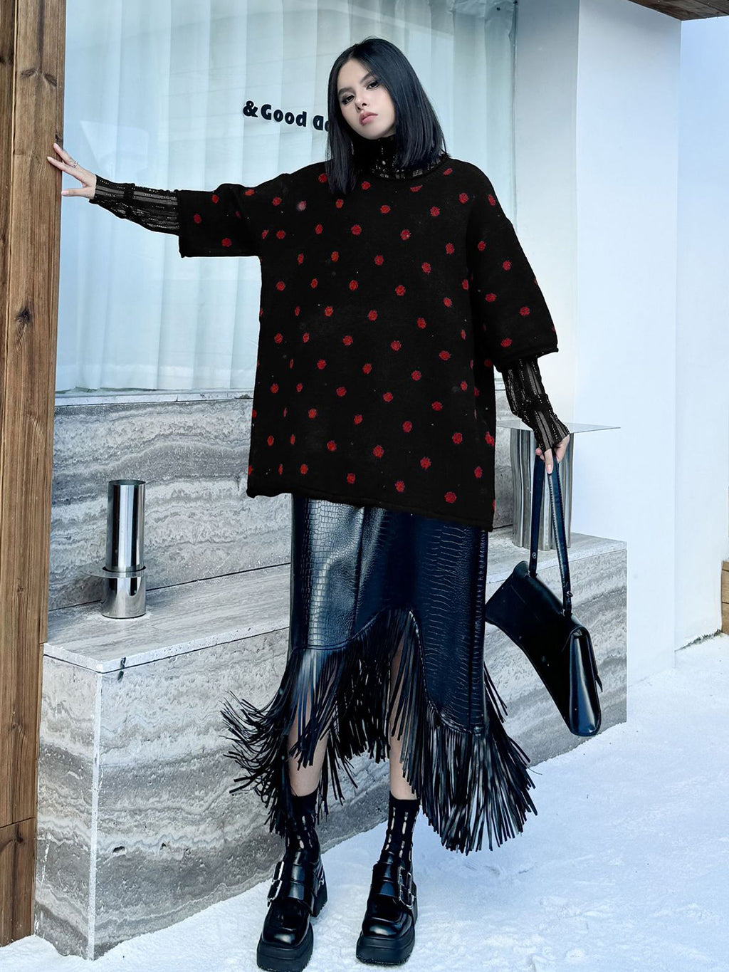 ドットフロッキーニットトップス