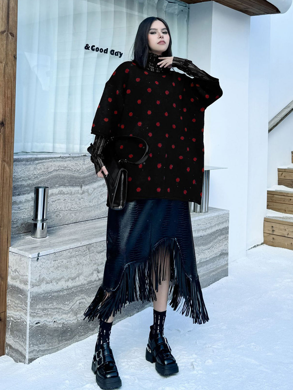 ドットフロッキーニットトップス