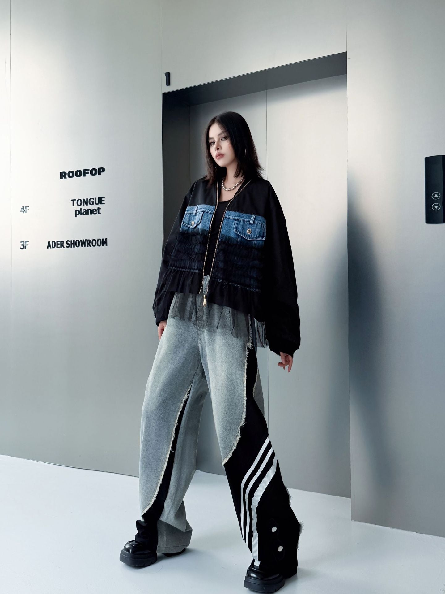 レイヤードデニムワイドパンツ