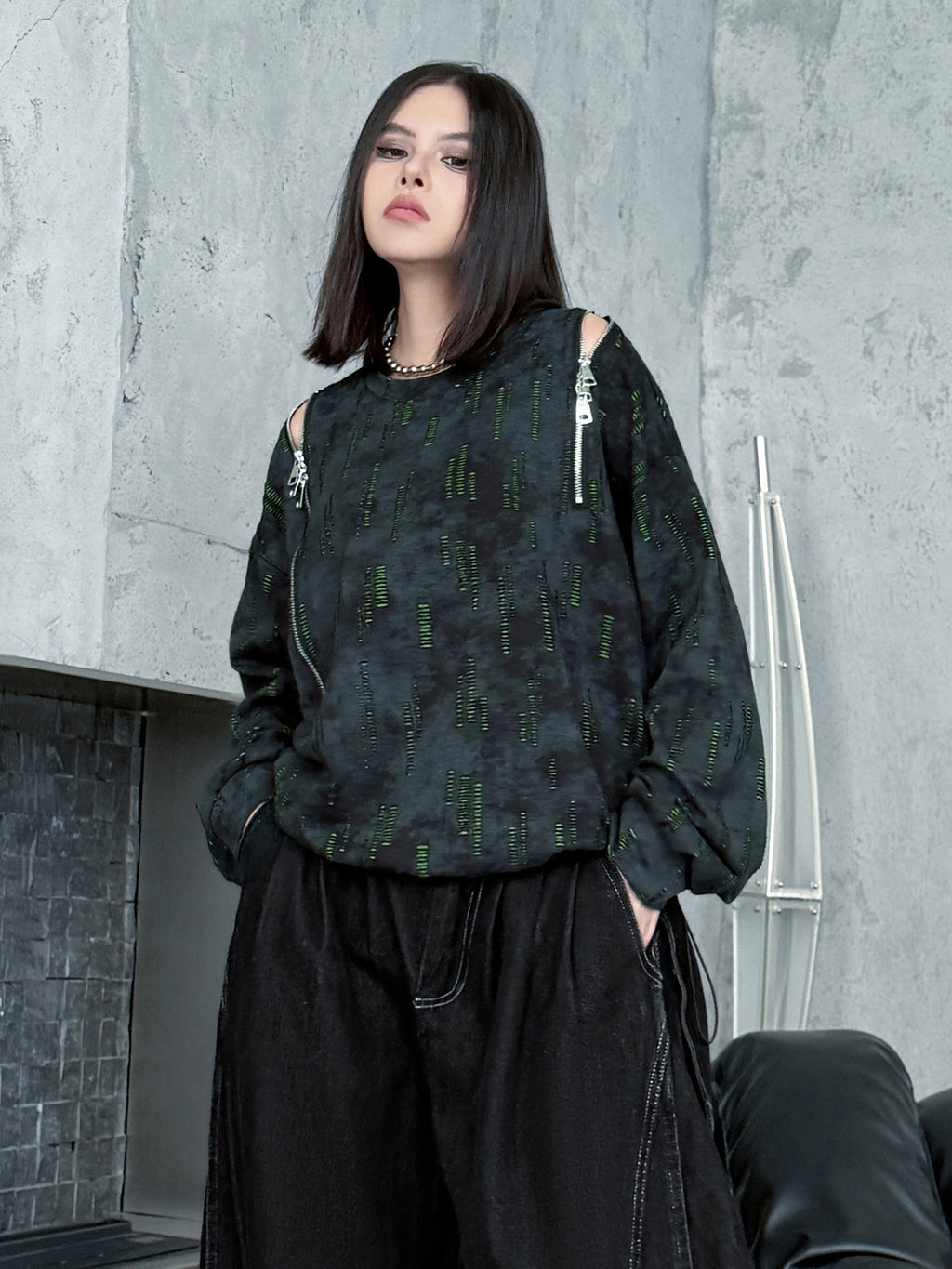 ジップショルダープリントトップス