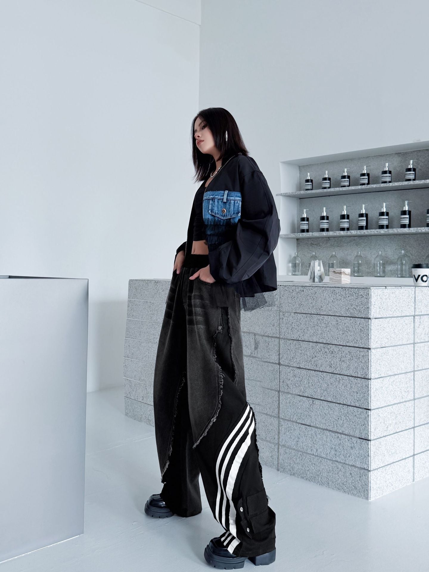 レイヤードデニムワイドパンツ