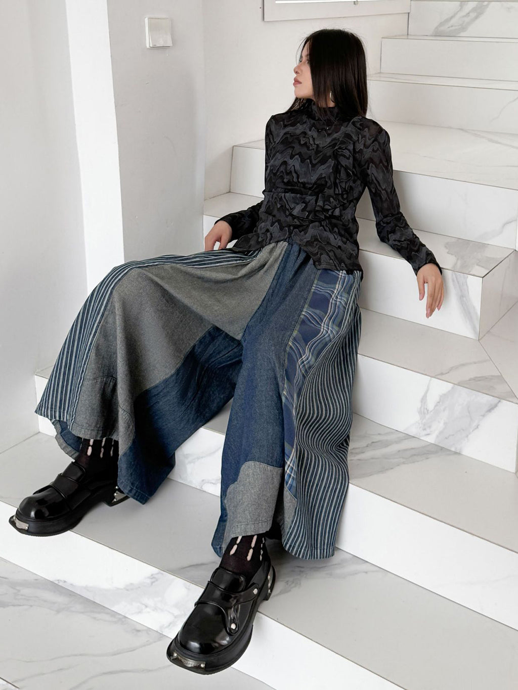 Scarf tie blouse and denim pants series 
