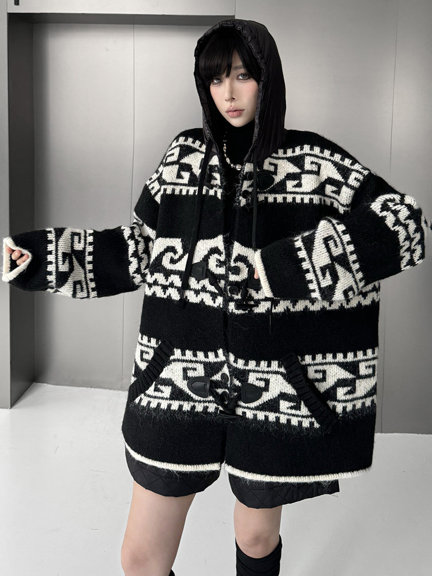 ジオパターンニットフードカーディガン